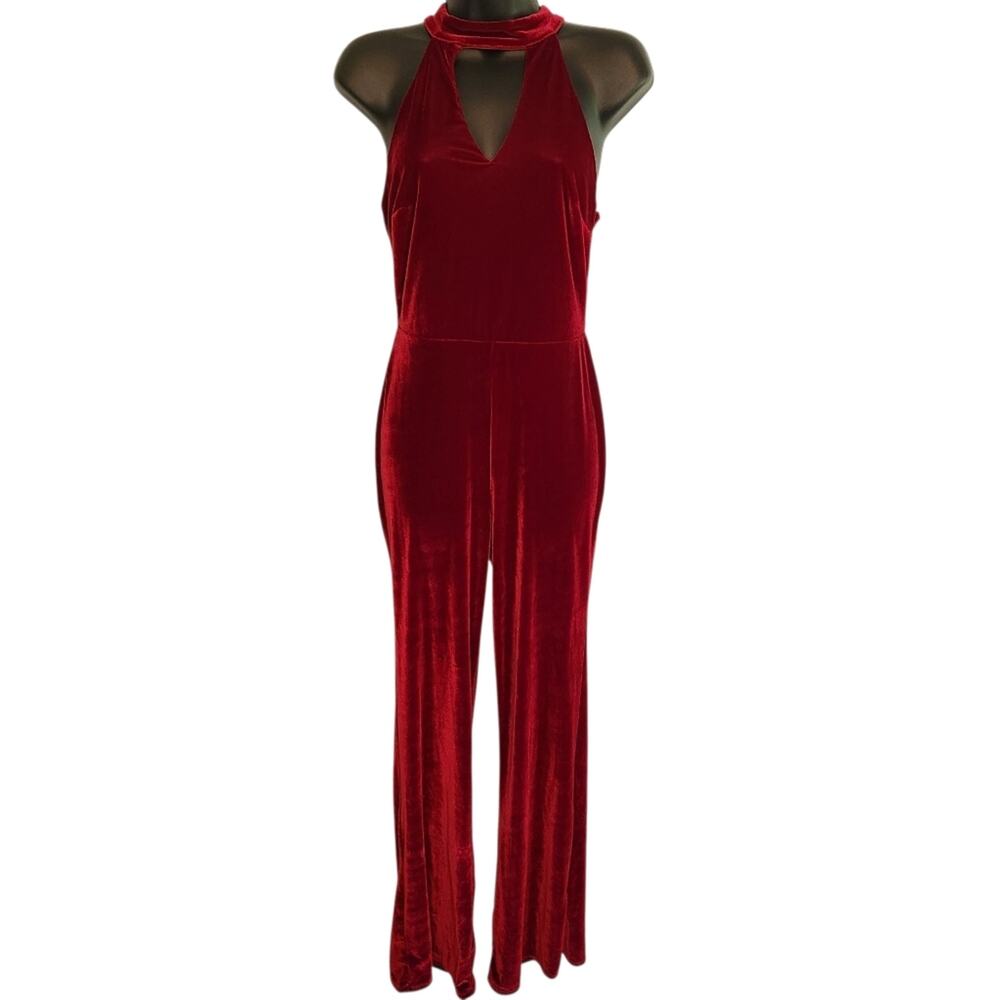 Crystal Doll red velvet halter jumpsuit size 3
